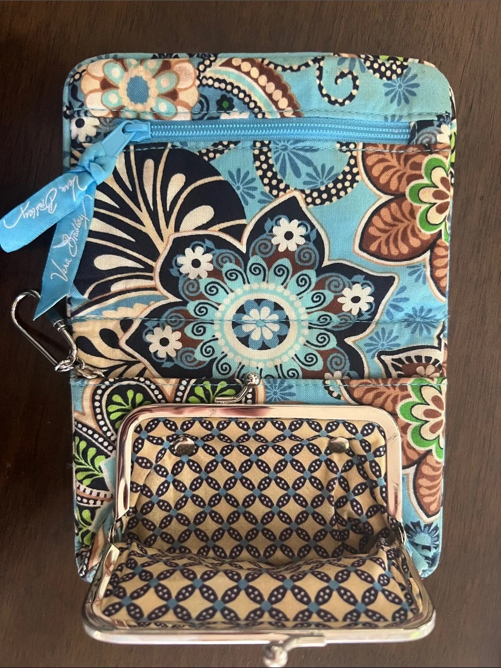 Vera Bradley Blue Floral Quilted ID Wallet with Lanyard Clip